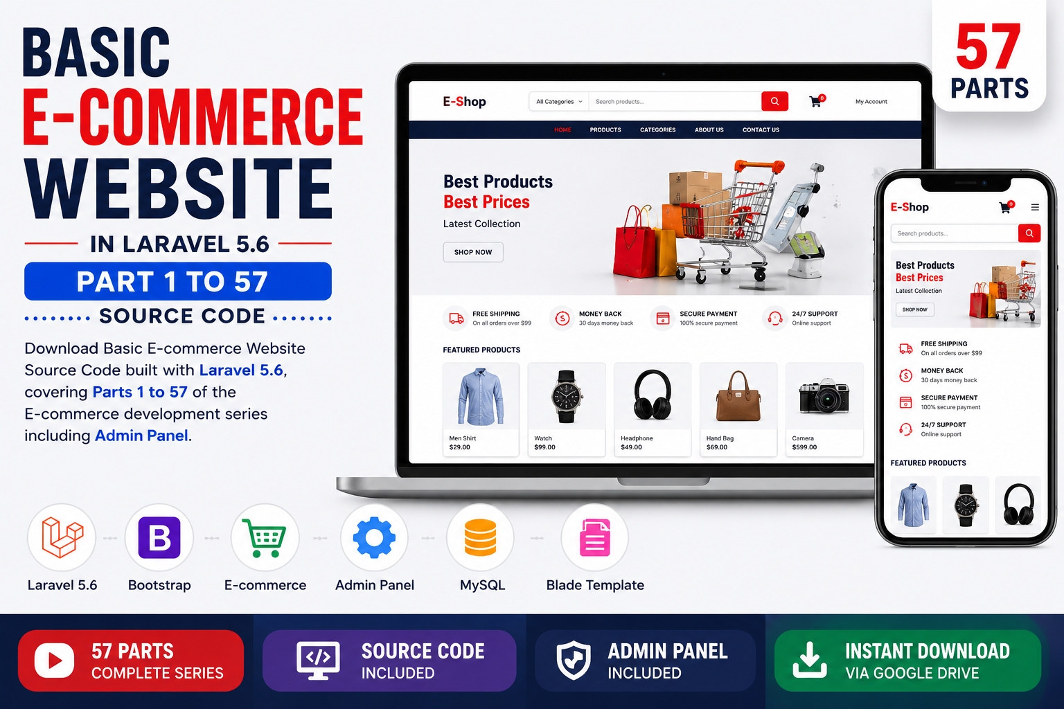 Basic E-commerce Website in Laravel 5.6 (Part 1 to 57) Source Code